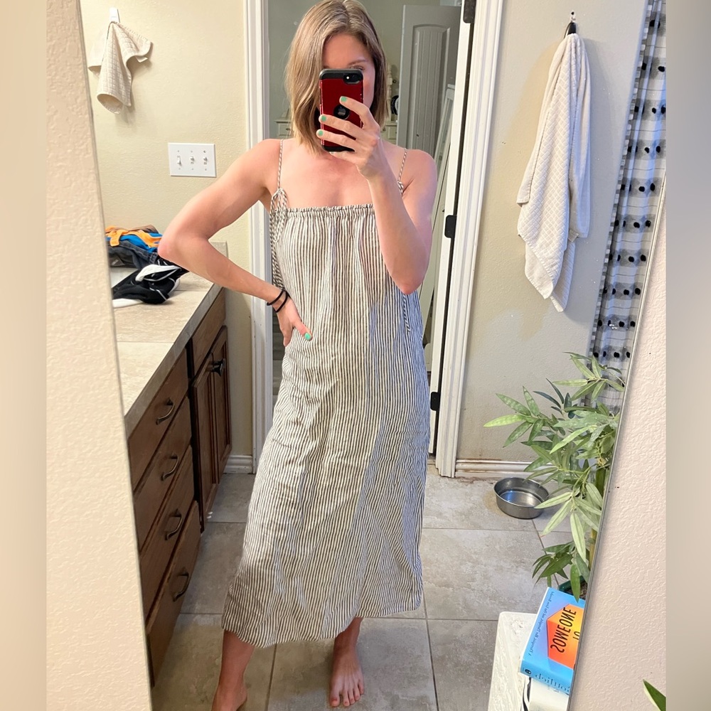 Reformation Janet Dress 100% linen stripe spaghetti tie-strap midi/maxi dress - Picture 2 of 6